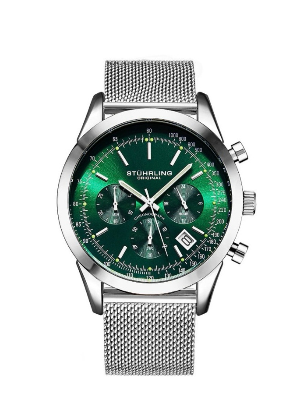 Stuhrling Original Green Dial Chronograph with Silver Mesh Bracelet